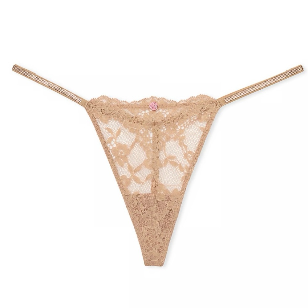 DREAM ANGELS Victoria’s Secret Twinkle Strap Lace V-String Panty Small Praline